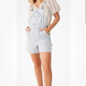 Faherty Topsail Railroad Stripe Short Overalls Shortalls Blue White Denim Sz M